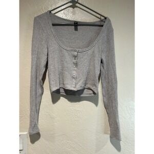 Windsor Ribbed Knit Cropped Button Up Long Sleeve Top Grey Size M